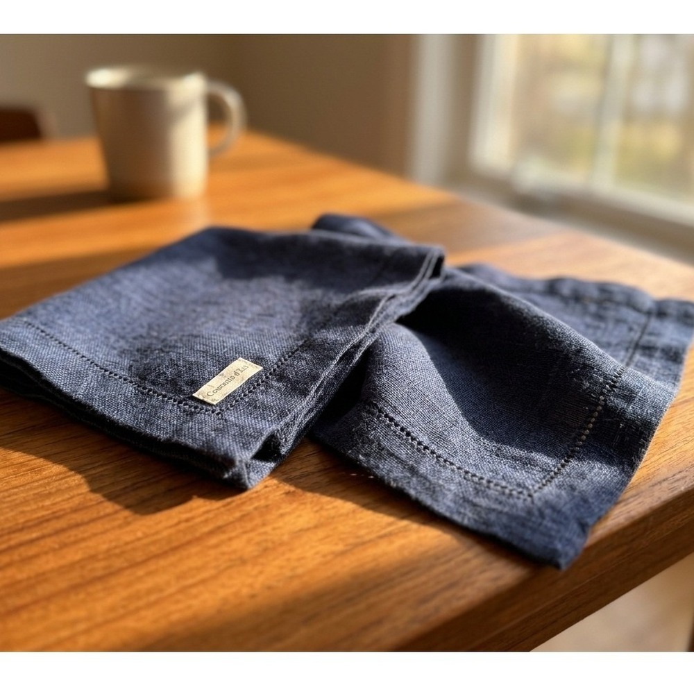 Courants d'Est Pure Linen Napkins Navy Blue Hemstitched Set of 2 France